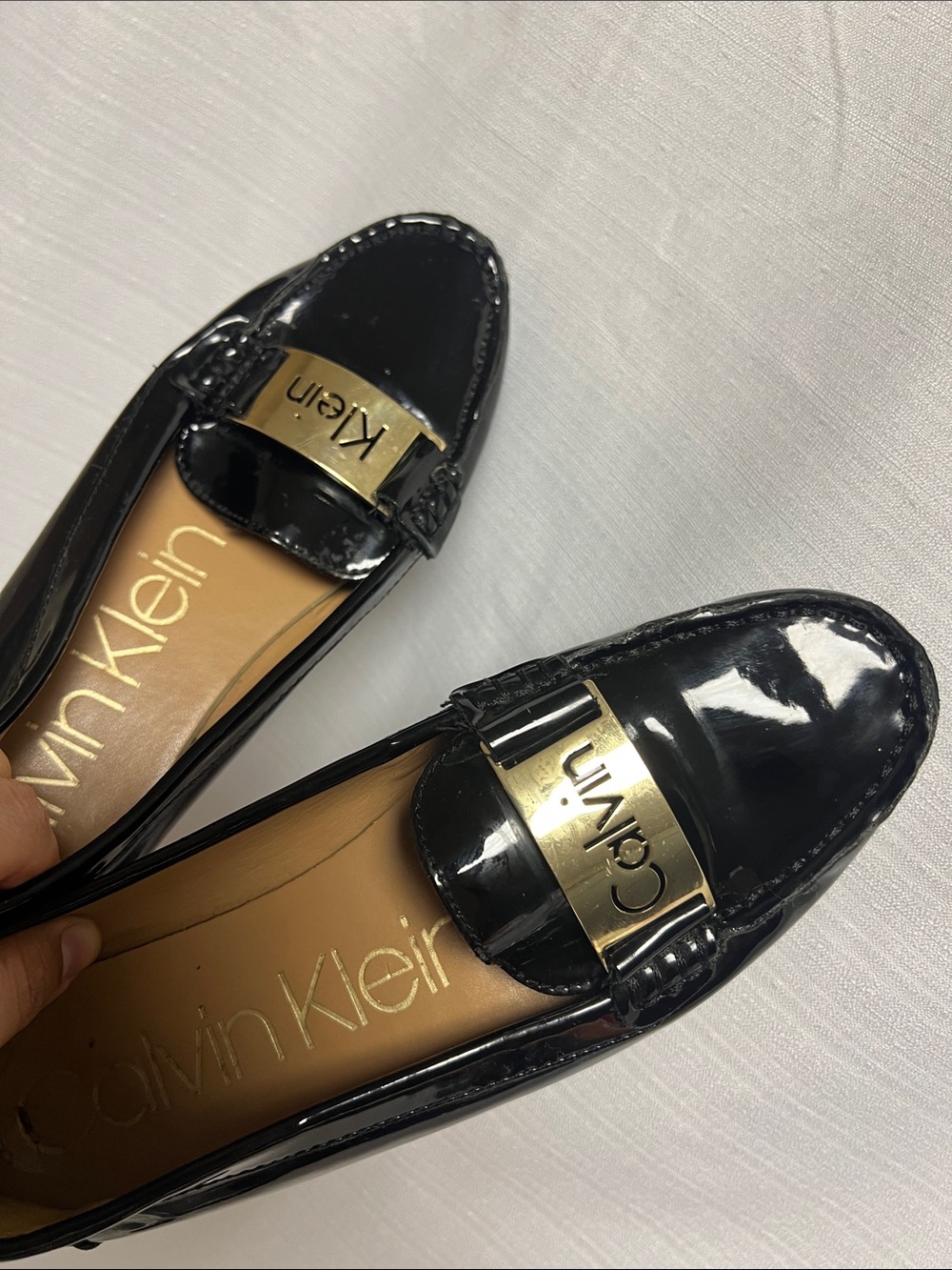 Calvin Klein Black Patent Leather Loafers with Gold Plaque